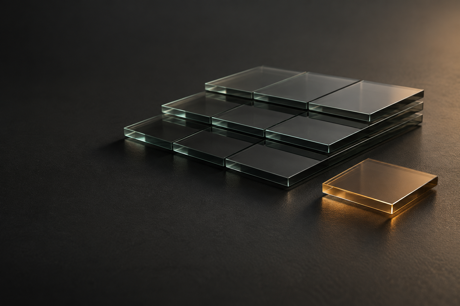 AI-generated material metaphor: one amber fragment selected from layered glass plates, not a live memory system.